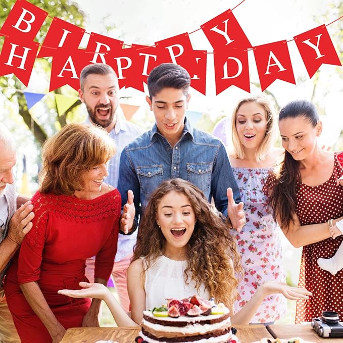 Hooqict Red Happy Birthday Banner Sign for Backdrop Red Birthday Party Decorations for Women Men Party Supplies Wall Door Banner Garland Bunting Flag