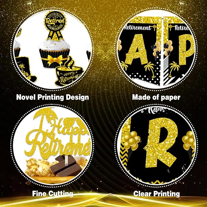 Retirement Party Decorations for Men Women, Black and Gold Happy Retirement Banners Balloons Cake Cupcake Toppers Hanging Swirls, Happy Retirement Party Supplies 42pcs