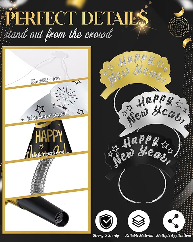 Wettarn 144 Pcs New Years Eve Party Supplies Happy New Year Cone Hats Black Silver and Gold Tiaras Squawkers Leis for 48 Guests Newyear Celebration Gift Party Favors Accessories