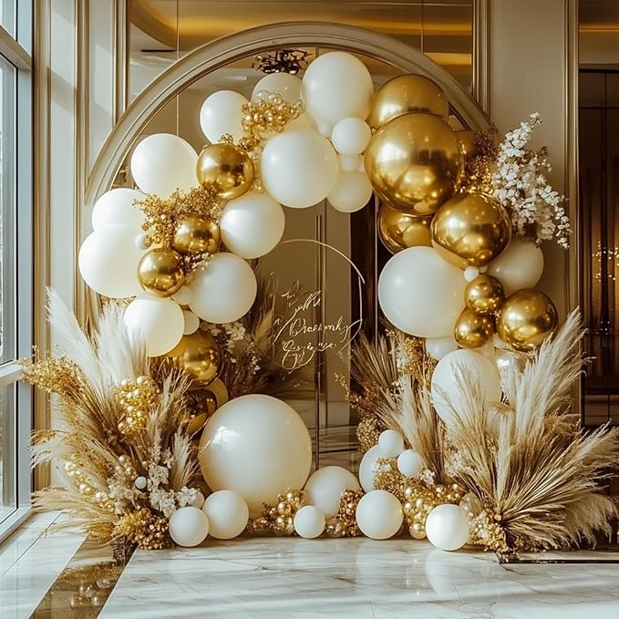 PartyWoo White and Gold Balloon Arch Kit Garland 152pcs Different Sizes of 18 12 10 5 Inch Off White Sand Metallic Gold Boho Balloons for Baby Shower Graduation Wedding Birthday Party Decorations