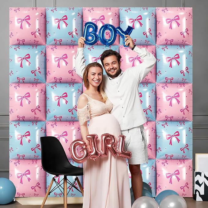 Pink and Blue Foil Balloon Wall Square, 19 Inch 25PCS Bow Print Double Sided Baby Blue Pastel Pink Balloon Backdrop Tunnel Arch Kit for Baby Shower Gender Reveal Birthday Bridal Party Decor