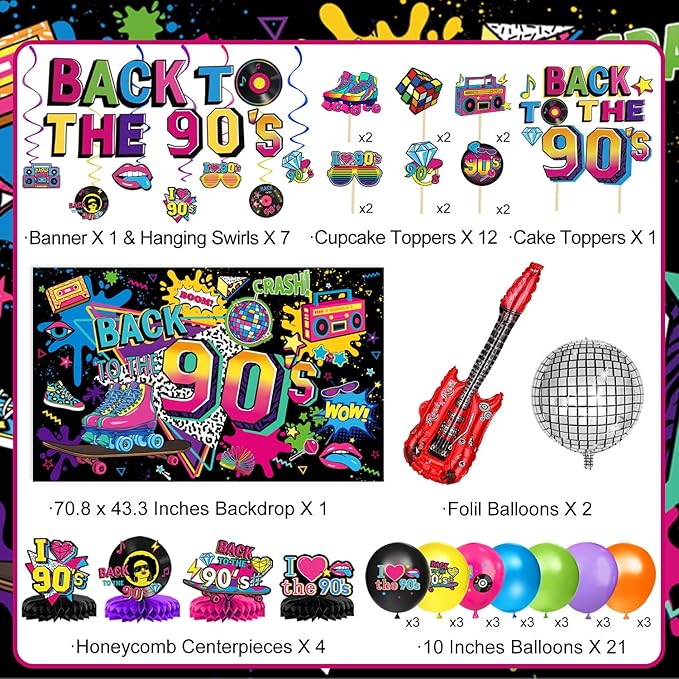 90s Party Decorations Includes 90's Backdrop, Foil & Latex Balloons, Cake & Cupcake Toppers, Honeycomb Centerpieces Banner, Hanging Swirls for 80s 90s Party Decorations