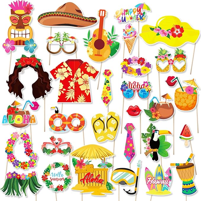 30 Pieces Luau Photo Booth Props Party Decorations Photo Props Hawaiian Themed Party Decorations Tropical Tiki Party Favors for Hawaiian Summer Pool Beach Birthday Wedding Party Supplies (Yellow)