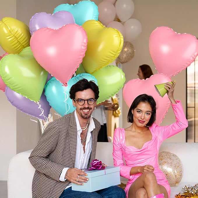 Biapian Pastel Heart Balloons, 10 Pcs Macaron Heart Shape - 18inch Pastel Pink Purple Green Teal Yellow Foil Balloons for Candy Birthday Wedding Baby Shower Easter Party Decoration