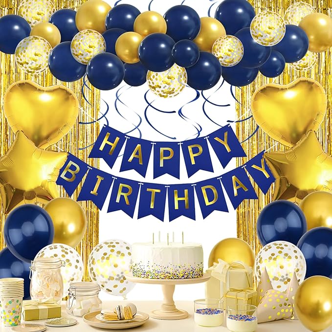 Navy Blue Gold Birthday Decorations, Bday Party Supplies for Men Women Boys Girls with Happy Birthday Banner, Confetti Balloons, Fringe Curtain, Heart Star Foil Balloons, Hanging Swirls