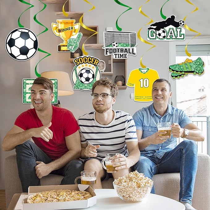 Zwiebeco Black Green White Football Happy Birthday Banner Bunting Hanging Paper Swirls Garland Party Decorations for Boys Girls Kids Adults Soccer Sports Themed Bday Decor Accessories Supplies
