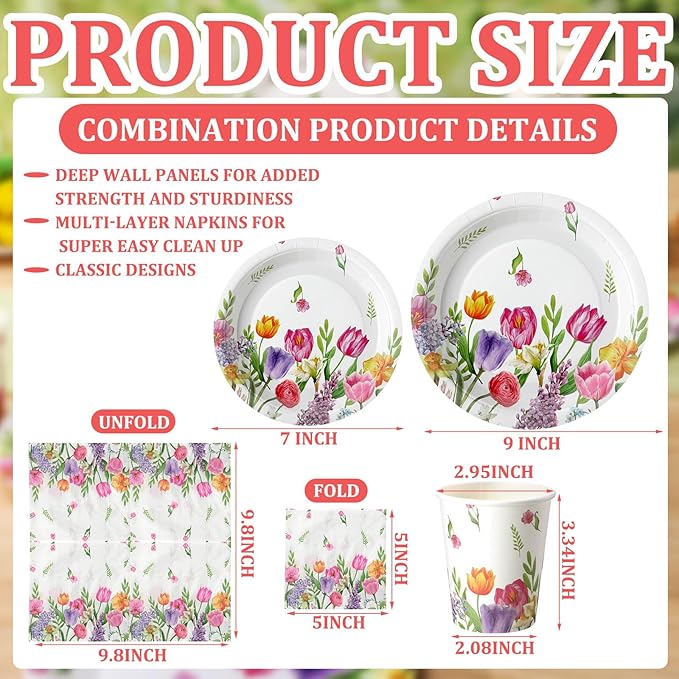 Hsei 250 Pcs Tulip Floral Plates and Napkins Party decorations Disposable Tableware Sets Baby Shower Birthday Party Supplies Serves 50 Guests Dinnerware Baby Bridal Shower Party Favors