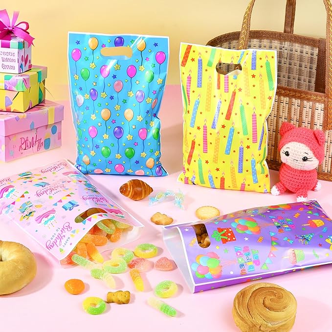 ZYLOP Birthday Party Favor Bags 50 Pcs - Plastic Happy Birthday Goodie Loot Gift Bags for Kids Girls & Boys Birthdays Party Supplies, Packaging Candy Treat Toys and Party Favors (6.5 x 9.8 Inches)