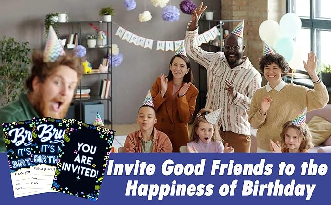 CLIRBE Bruh Birthday Party Invitations, Glow Neon Invited Birthday Invitations For Brother Bro Teen Boys, 20 Invites Cards With 20 Envelopes, Party Supplies Favors -H05