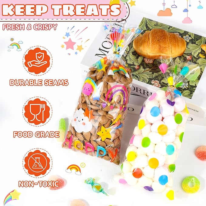 100Pcs Clear Cellophane Treat Bags - 2.8 Mil Thick Plastic Goodie Bags with 110 Twist Ties for Candy, Cookies, Gift Wrapping, Rainbow & Star Clear Gift Bags for Party Favors Classroom Return Gifts