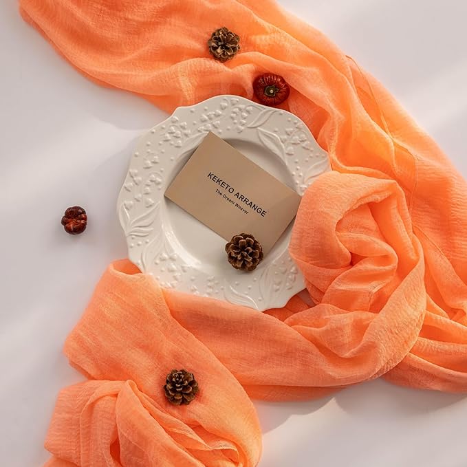 Keketoarrange Fresh Salmon Easter Spring Cheesecloth Table Runner Valentines Decor Peach Echo Gauze 120 Inch 10 FT Boho Table Runner for Wedding Baby Shower Bridal Shower Party Sheer Home Decorations