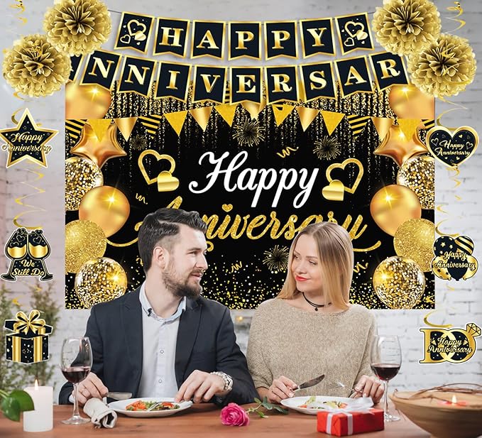Happy Anniversary Decorations, Black and Gold Happy Anniversary Banner Wedding Party Decorations with 18Pcs Balloons, Backdrop, Hanging Swirls, Pompoms