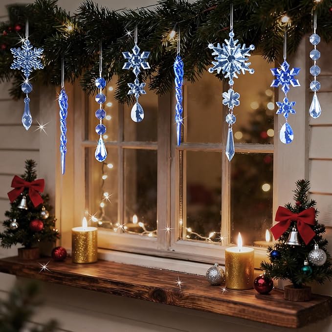 18pcs Crystal Christmas Ornaments for Christmas Tree Decorations-Dark Blue and Light Blue Hanging Acrylic Snowflake and Icicle Ornaments with Drop Pendants for New Year Party Decorations Supplies