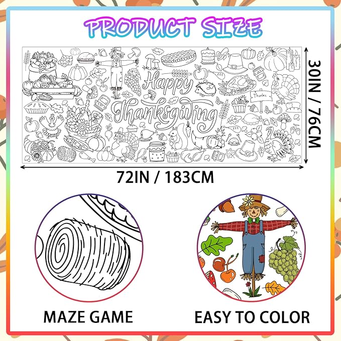 Thanksgiving Giant Coloring Poster,33.8 x 72 Inches Fall Jumbo Paper Tablecloth DIY Art Crafts Mat Turkey Pumpkin Poster Parties for Parent-Child Interaction Autumn Themed Wall Home Classroom Suppiles