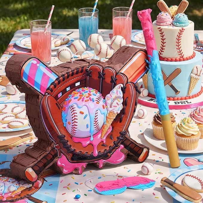 Jexine Ice Cream Drip Baseball Piñata Set Ice Cream Sport Party Supplies Fiesta Piñata Bundle with Blindfold Bat Stick for Summer Sport Baseball Drip Birthday Party Event Supplies Decor