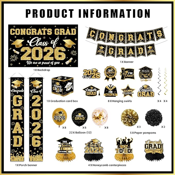 2026 Graduation Decorations - Black Gold Congrats Grad Party Supplies include Card Box, Backdrop, Banner and Balloons for Class of 2026 Decorations Set