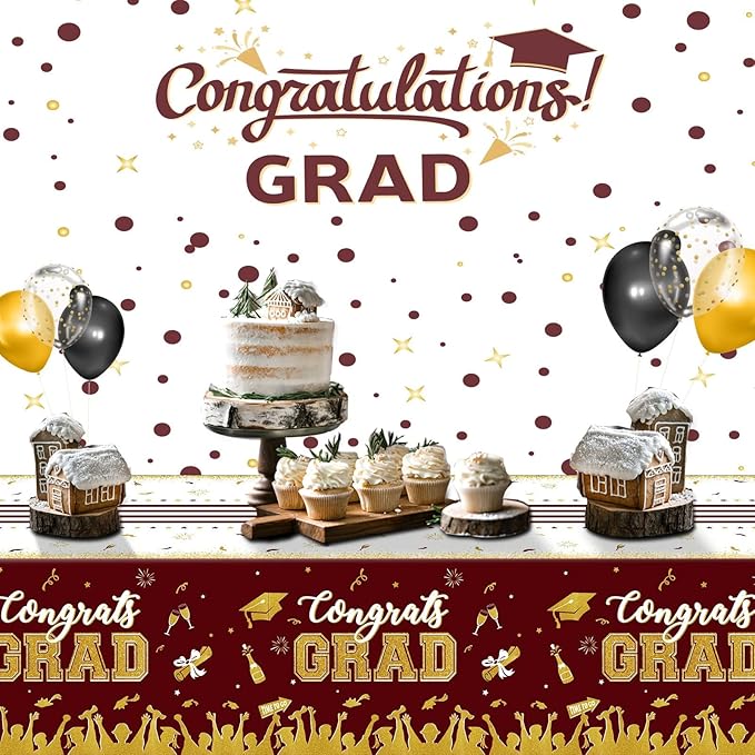 chiazllta Set of 3 Graduation Tablecloths Class of 2026 Congrats Grad Maroon Graduation Party Tablecover Decorations Party Supplies Large Size Plastic 54"x108"(Maroon & Gold)
