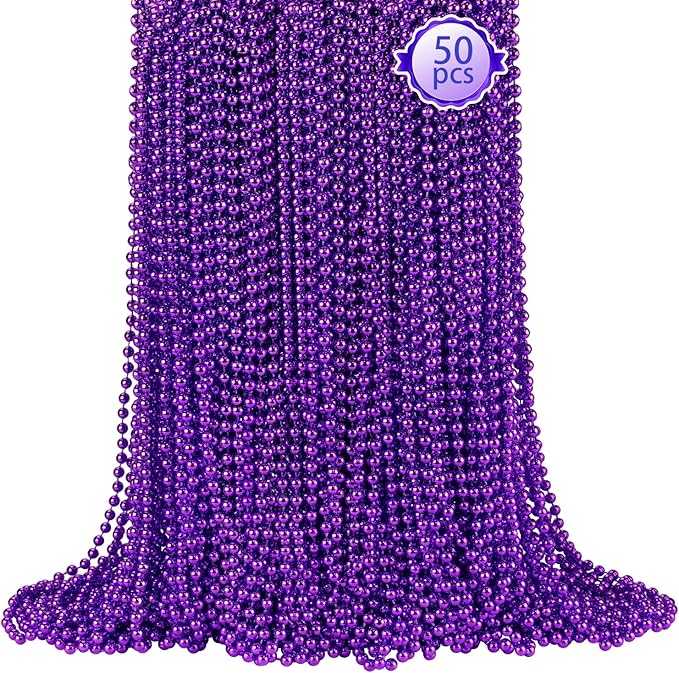 SHAOQINLIN 50 PCS Purple Mardi Gras Beads, Purple Beads Necklaces 33" Metallic Beaded Costume Necklaces Party Necklaces for Halloween Mardi Gras Parade Throws Wedding Birthday Party Favors