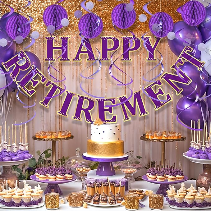 Retirement Party Decorations Kit for Women - 16-Piece Elegant Purple Set with Pre-Strung Banner, Honeycomb Balls, Swirls & Garland | Instant Setup Party Decor | Retirement Gifts & Supplies