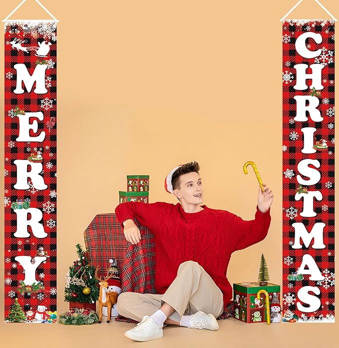 Fecedy MERRY CHRISTMAS Hanging Banner Porch Sign & Christmas Stree Snow Pattern Backdrop for Home Yard Indoor Outdoor Wall Door Party Decorations 72"x12"