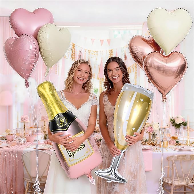 Champagne Balloons, Bachelorette Party Balloons with Champagne Bottle Glass Foil Balloon Rose Gold Pearl Pink Cream Heart Balloon for Engagement Birthday Bridal Shower Wedding Anniversary Decorations