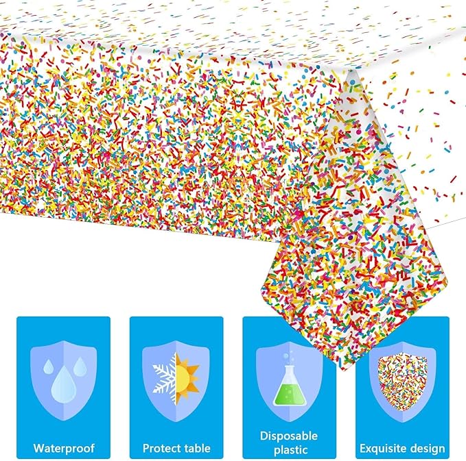 3 Pieces Confetti Sprinkles Birthday Tablecloth for Happy Birthday Decoration Plastic Disposable Rectangle Sprinkles Party Table Covers for Kids Two Sweet Donut Weddings Party Favors, 54 x 108 Inches