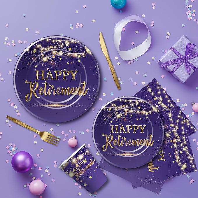 Xigejob Retirement Decorations Paper Plates And Napkins Party Tableware Women - Purple Happy Retirement Party Decorations Supplies, Plate, Cup, Napkin, Fork | Serves 24