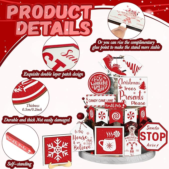 15 Pcs Christmas Tiered Tray Decor Rustic Christmas Decorations Candy Hot Cocoa Snowflake Wood Sign Xmas Tiered Tray Winter Farmhouse Rustic Table Decor for New Year Home Shelf Tabletop