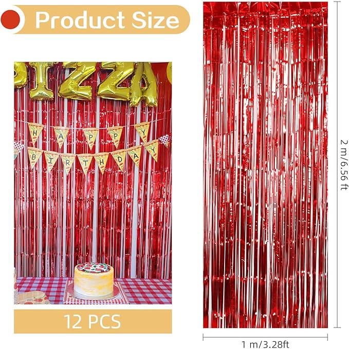 12 Pack Red Foil Curtain Backdrop 3.2ft x 6.6ft Metallic Tinsel Fringe Backdrop Curtains Streamer Photo Booth Backdrop for Birthday Engagement Bachelorette Christmas Holiday Party Decorations