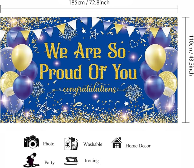 Blue Gold Congratulations We are So Proud of You Backdrop Banner Photography Background Hanging Party Supplies for Graduation Party Decorations Class of 2026 72.8 * 43.3in