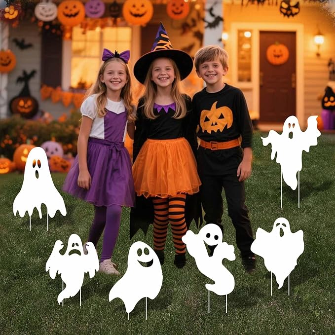 Halloween Outdoor Decorations Yard Signs Stakes 6Pc Ghost Lawn Decorations Signs Hanging Ghost for Garden Yard Scary Halloween Party Supplies Trick or Treat Party Decorations Outside