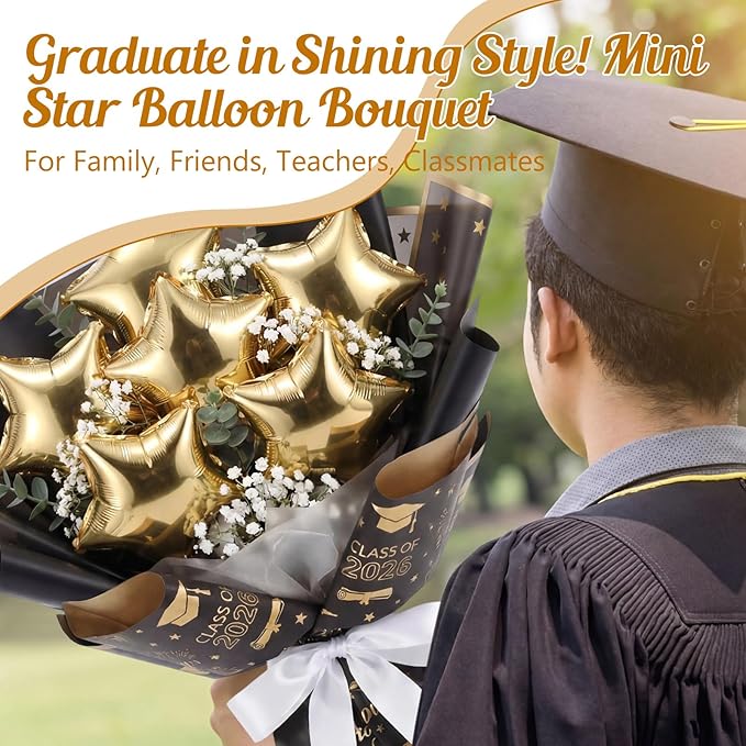 30 Pcs Star Self Inflatable Balloons with Bow Stems Star Foil Balloons Mini Pentagram Decoration for Patriotic Independence Day Graduation Birthday Baby Shower Anniversary(Gold,6 Inches)