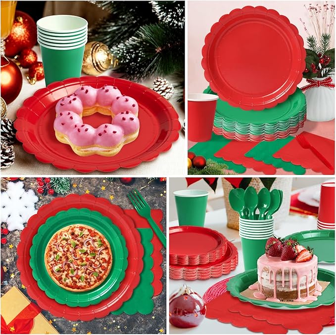 Vyntra 350 Pcs Red and Green Disposable Paper Plates and Napkins Set for 50, 9" Dinner Plates & 7" Dessert Plates, Tableware for Christmas Party, Holiday Dinner