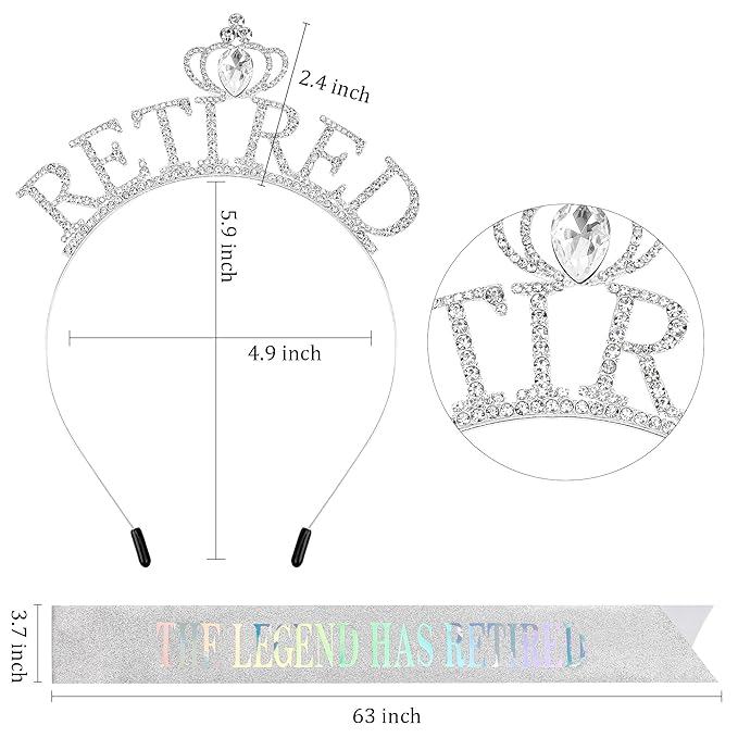 Retirement Gift for Woman - Silver Sash and Crown Headband Party Decorations - The Legend Has Retired - Elegant Cute Rhinestone Headband