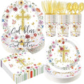 400 Pcs God Bless Flower Baptism Party Decoration Girl for 50, Confirmation Baptism Paper Plates Napkins Cups Cutlery First Holy Communion Tableware for Christening Baby Shower Party Supply