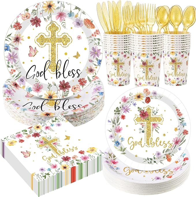 400 Pcs God Bless Flower Baptism Party Decoration Girl for 50, Confirmation Baptism Paper Plates Napkins Cups Cutlery First Holy Communion Tableware for Christening Baby Shower Party Supply