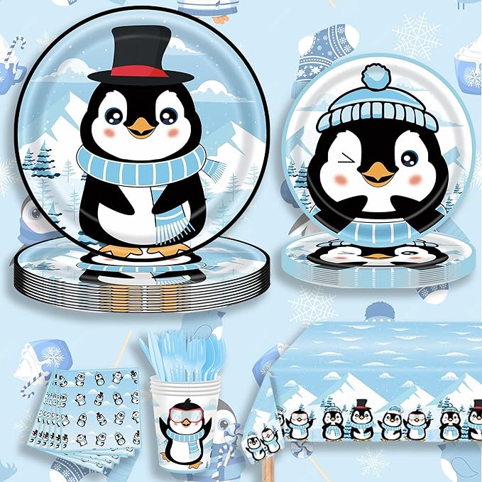 Winter Penguin Party Supplies Set, 141 Pieces Birthday Decorations with Plates, Cups, Tablecloth, Banner, Blue and White Theme Pack for 20 Guests
