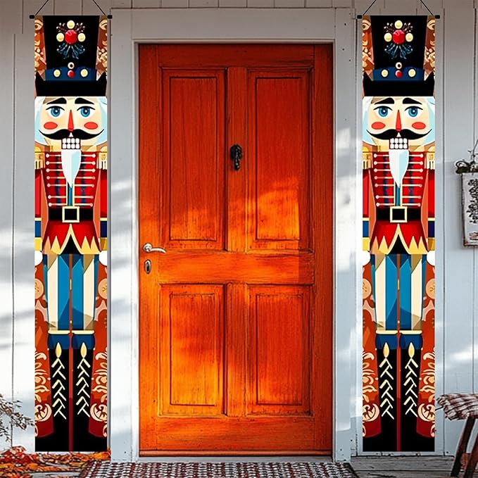 Christmas Door Banner Set 12x71 Inch Nutcracker Soldier Vertical Porch Hanging Sign Indoor Outdoor Polyester Holiday Entryway Decoration Seasonal Photo Backdrop