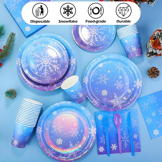 Kochorie 175 Pieces Frozen Iridescent Winter Snowflake birthday Party Supplies Frozen Disposable Party Tableware Set Paper Plates Napkins Cups for Christmas Winter Wonderland Decorations, Serve 25