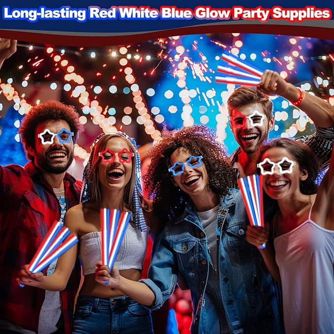 126 PCS 4th of July Glow Sticks Bracelets Necklaces with Connectors, 6 Red White Blue Glasses Glow in The Dark Party Supplies, Light Up Party Favors for Kids Adults, 250th Anniversary USA Accessories