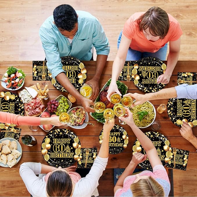 96Pcs 60th Birthday Party Tableware Set, Back in 1966 Birthday Party Decorations Supplies for Men Women Cheers to 60 Years Disposable Paper Plates Napkins Forks Favors, Serve 24