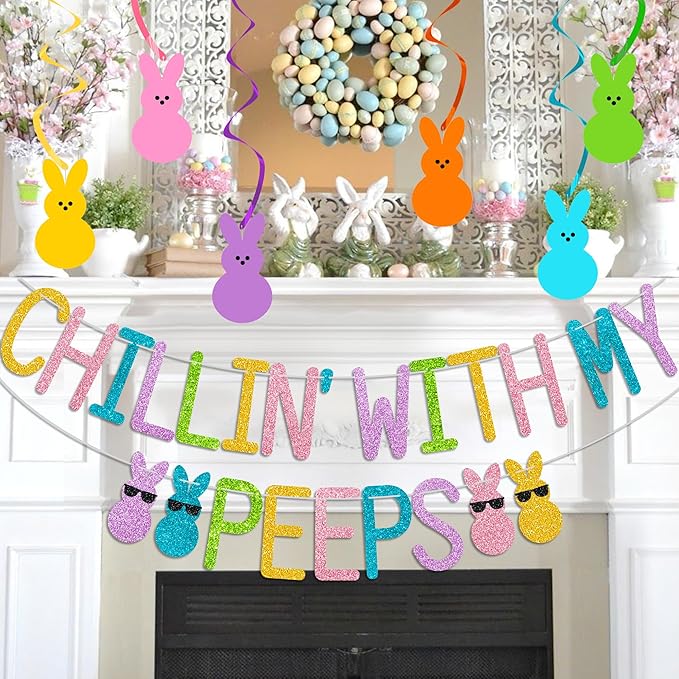 Glitter Chillin with My Peeps Banner with Bunny Hanging Swirls - NO DIY - Easter Party Decorations, Happy Easter Banner for Spring Easter Bunny Party Supplies Easter Peeps Decorations