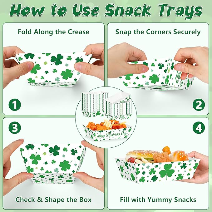 50 Pcs St. Patricks Day Decorations, Paper St. Patricks Day Food Trays, Disposable Shamrock Platters Green Snack Serving Trays, St Patrick's Party Supplies Irish Decor for Irish Bar Family Gatherings