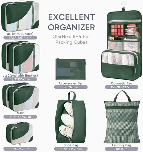 10 Set Packing Cubes for Travel, Gifts for Women Mom,Anti-Tearing Suitcase Organizer for Luggage with Shoe & Hanging Toiletry Bag,OlarHike Vacation Essentials & Accessories for Cruise Ship