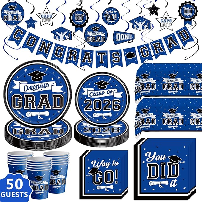 DAZONGE Graduation Decorations 2026 Blue, 265pcs Graduation Party Decorations 2026, Disposable Tableware Set for 50 Guests, Plates, Cups, Tablecloth with Congrats Grad Hanging Decor