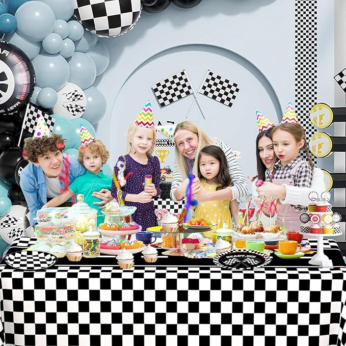 WNINK 6 Pack Race Car Table Cloth Black and White Gingham Tablecloths Disposable Plastic Buffalo Check Tablecloth Checkered Flag Covers for Birthday, Outdoor Picnic, Birthday, Camping 54 × 108 Inch