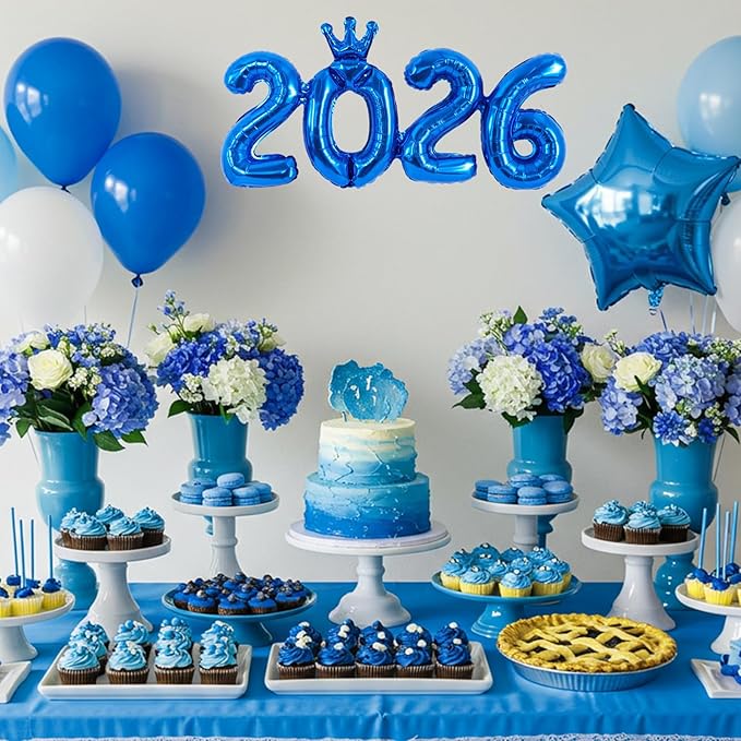 TONIFUL 2026 Navy Blue Crown Foil Number Balloons 16 Inch Navy Blue Number Banner 2026 Graduation Aluminum Foil Mylar Balloons for New Year Eve Christmas Anniversary Party Supplies