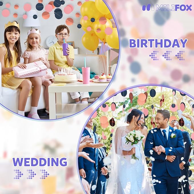52FT Party Garlands, Paper Garland Circle Dots, Hanging Circle Banner Decorations for Birthday, Party, Wedding, Baby Shower, Graduations, Christmas, Wall Decor (Blue Pink Rose Gold Garlands)