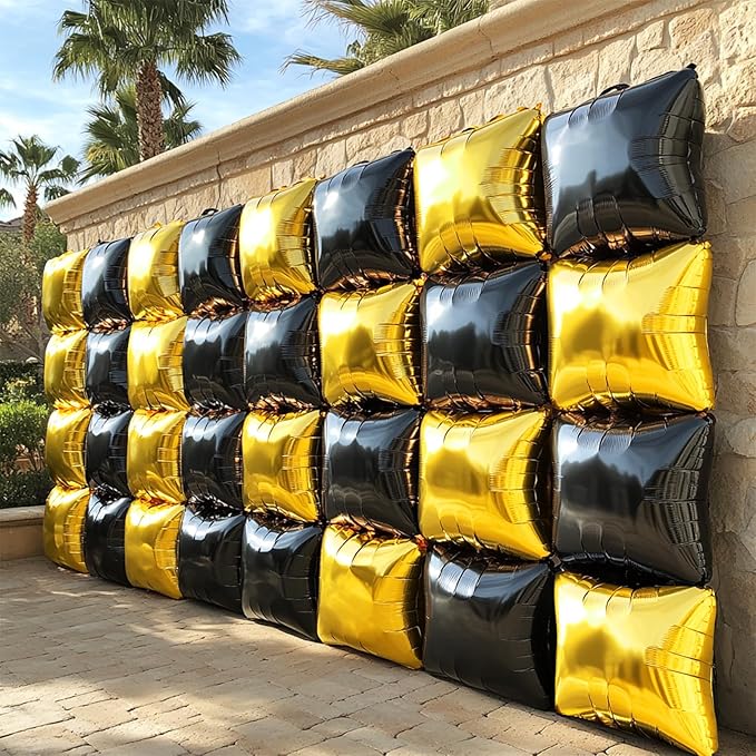 NISOCY 25PCS Black Gold Square Foil Balloons Wall Backdrop Double Sided Metallic Black Gold Balloons Arch Kit for 2026 New Year Graduation Anniversary Birthday Engagement Bridal Party Decorations