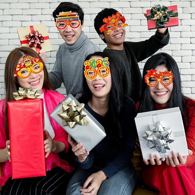 16PCS Chinese New Year Glasses, Lunar New Year Paper Eyeglasses Photo Booth Props for Year of the Horse Party Supplies